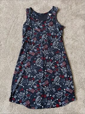 Navy Sleeveless Fishing Patriotic Printed A-Line Dress - Medium